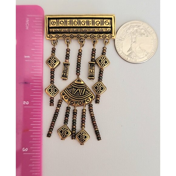 Gold Tone Long Dangle Charm Tribal Bar Brooch Pin, M551 - Picture 5 of 6